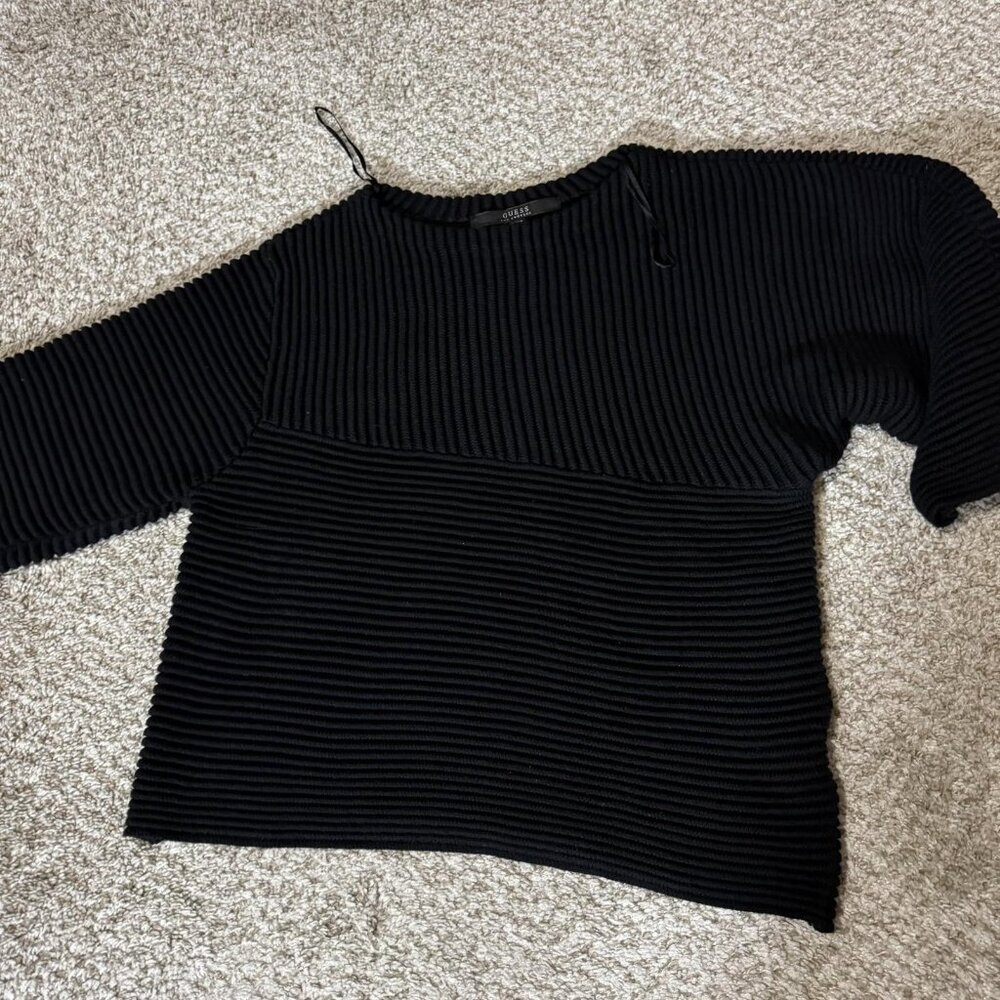 Guess Sweater Womens Medium Black Ribbed Knit Pullover Long Sleeve Crewneck Top
